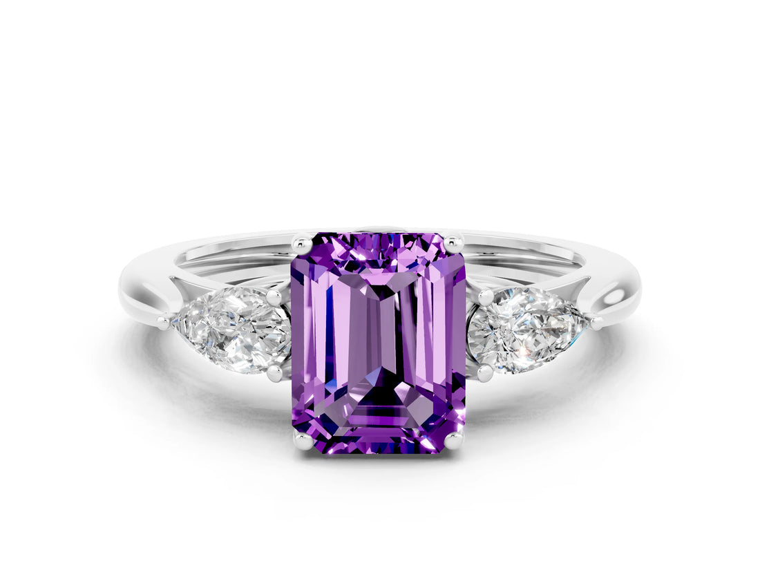 White gold Three-Stone Emerald Cut Amethyst Ring with Pear  Side Stones in Four-Prong Setting_12