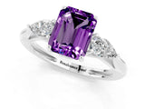 White gold Three-Stone Emerald Cut Amethyst Ring with Pear  Side Stones in Four-Prong Setting_13