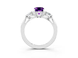 White gold Three-Stone Emerald Cut Amethyst Ring with Pear  Side Stones in Four-Prong Setting_15