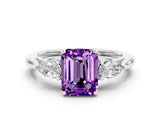 White gold Three-Stone Emerald Cut Amethyst Ring with Pear  Side Stones in Four-Prong Setting_48