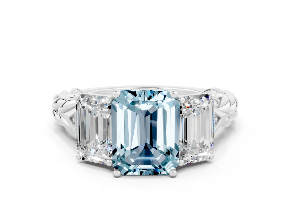 White gold Three-Stone Emerald Cut Aquamarine Braided Band Ring with Four-Prong Setting_36
