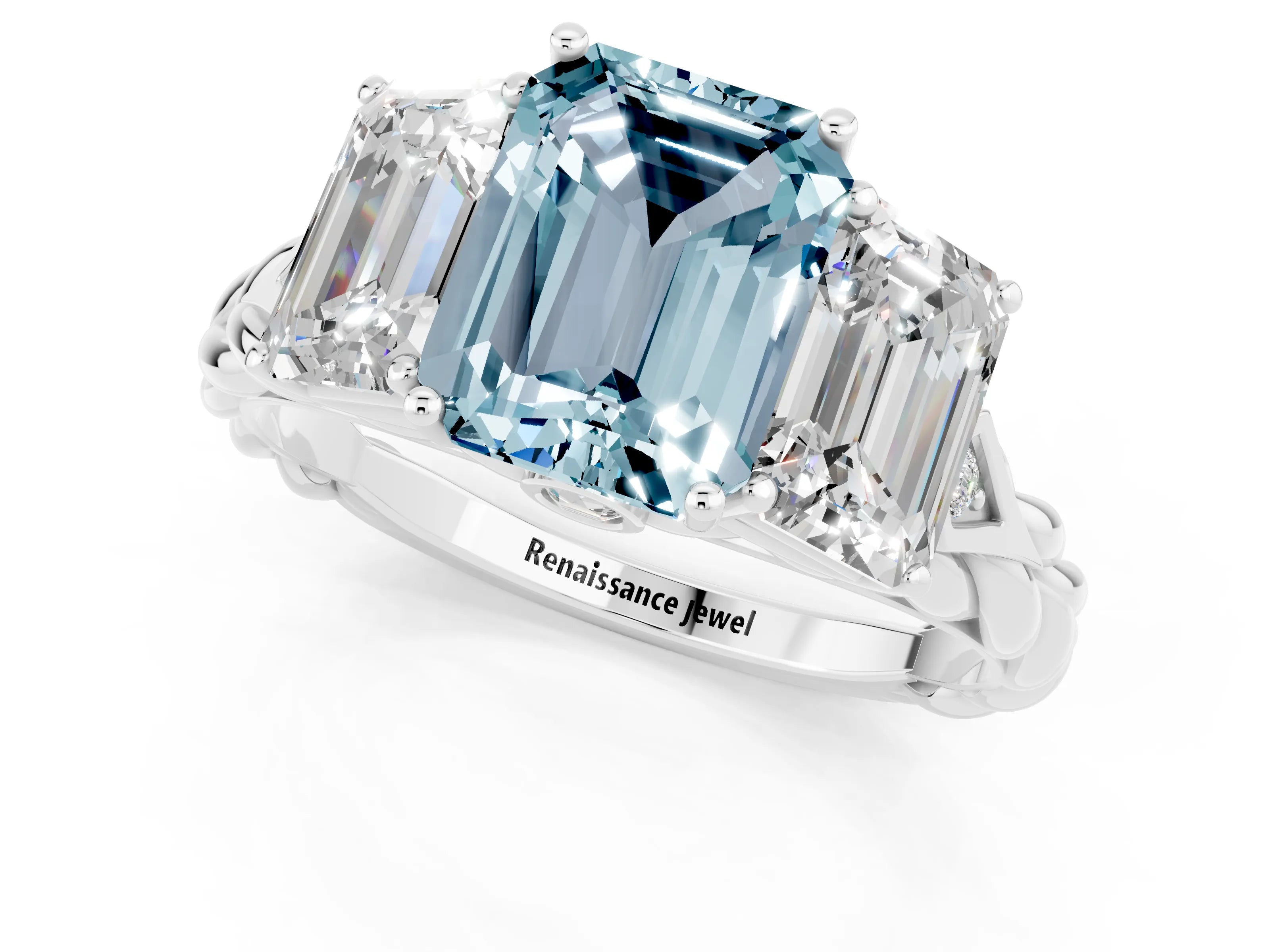 White gold Three-Stone Emerald Cut Aquamarine Braided Band Ring with Four-Prong Setting_37