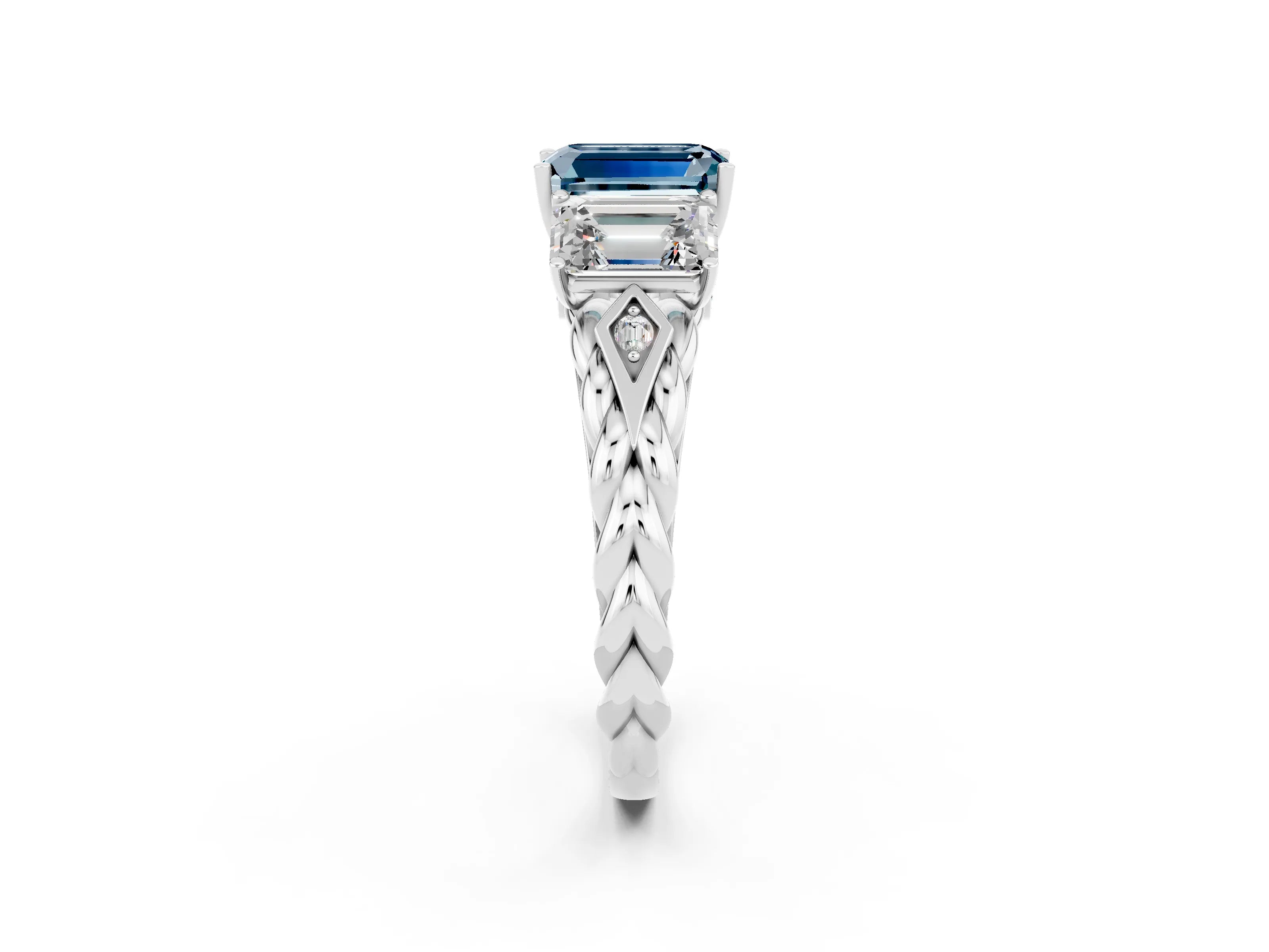 White gold Three-Stone Emerald Cut Aquamarine Braided Band Ring with Four-Prong Setting_38