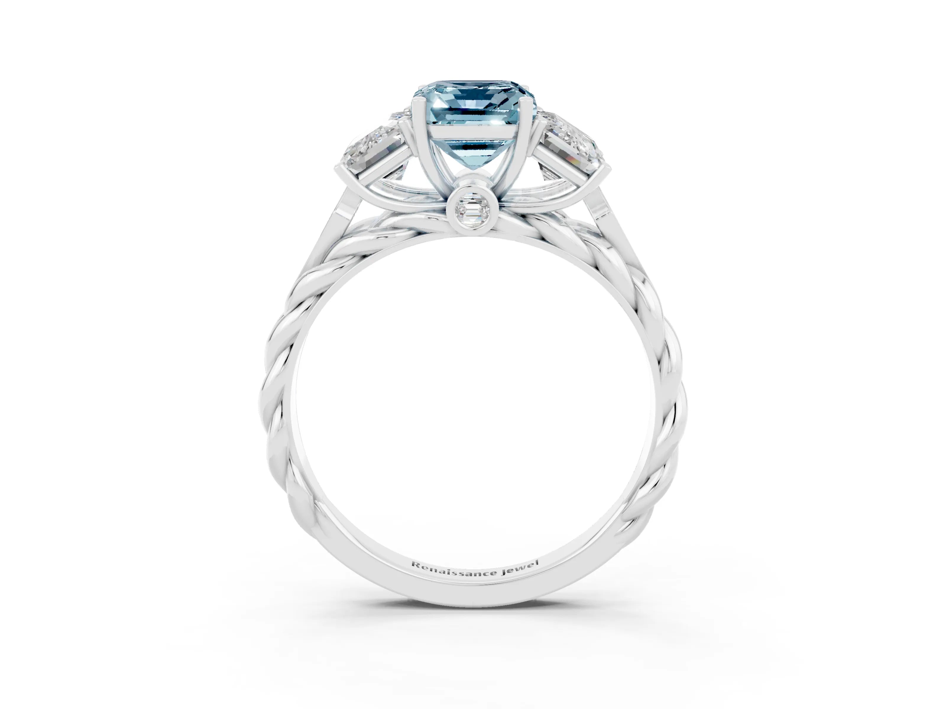 White gold Three-Stone Emerald Cut Aquamarine Braided Band Ring with Four-Prong Setting_39