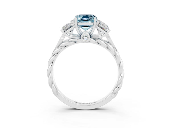 White gold Three-Stone Emerald Cut Aquamarine Braided Band Ring with Four-Prong Setting