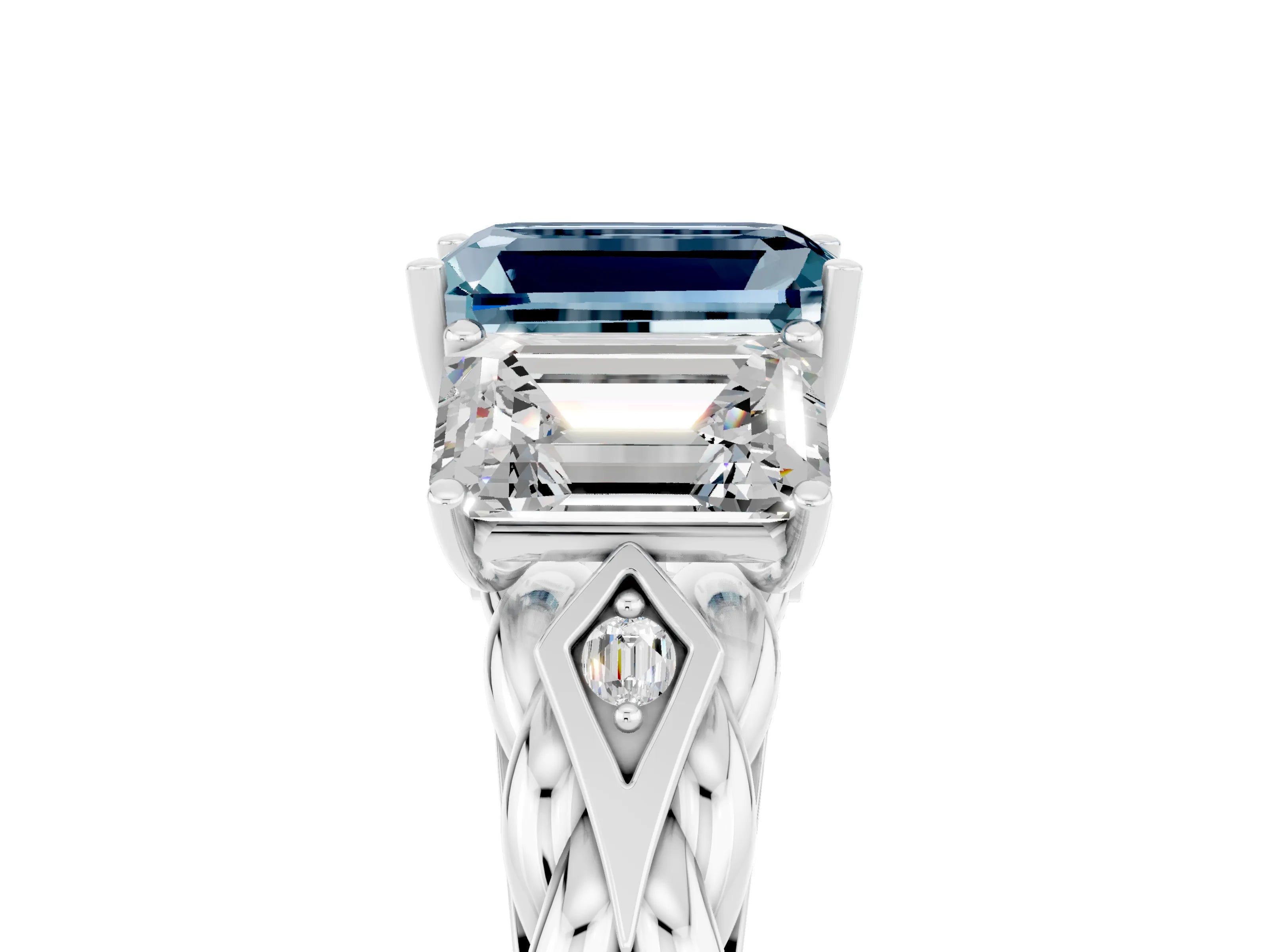 White gold Three-Stone Emerald Cut Aquamarine Braided Band Ring with Four-Prong Setting_41