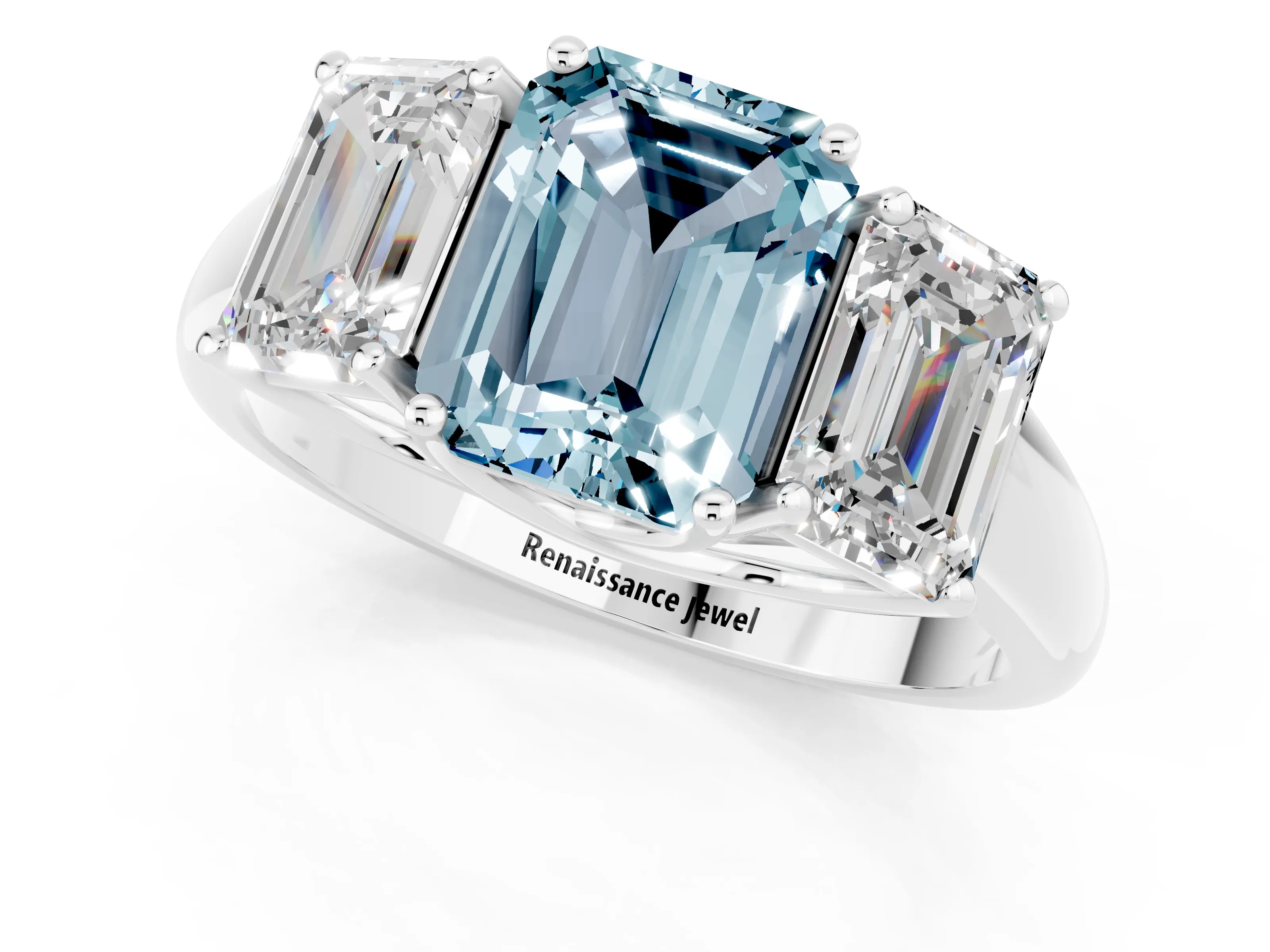White gold Three-Stone Emerald Cut Aquamarine Engagement Ring with Prong Setting_1