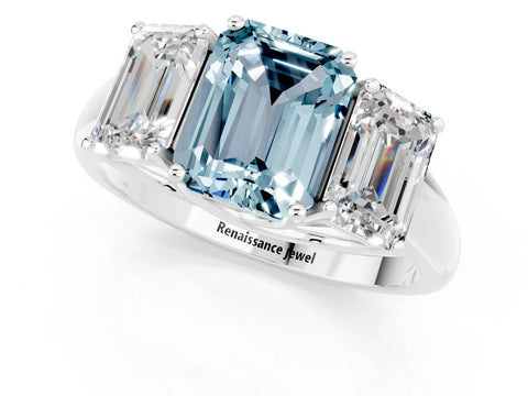 White gold Three-Stone Emerald Cut Aquamarine Engagement Ring with Prong Setting_1