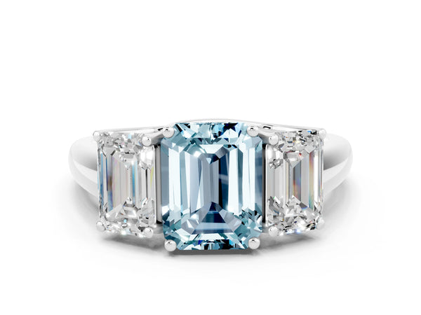 Silver Three-Stone Emerald Cut Aquamarine Engagement Ring with Prong Setting