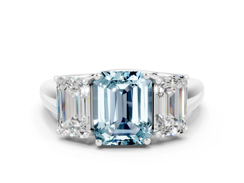 White gold Three-Stone Emerald Cut Aquamarine Engagement Ring with Prong Setting