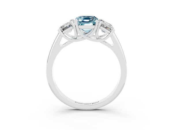 Silver Three-Stone Emerald Cut Aquamarine Engagement Ring with Prong Setting