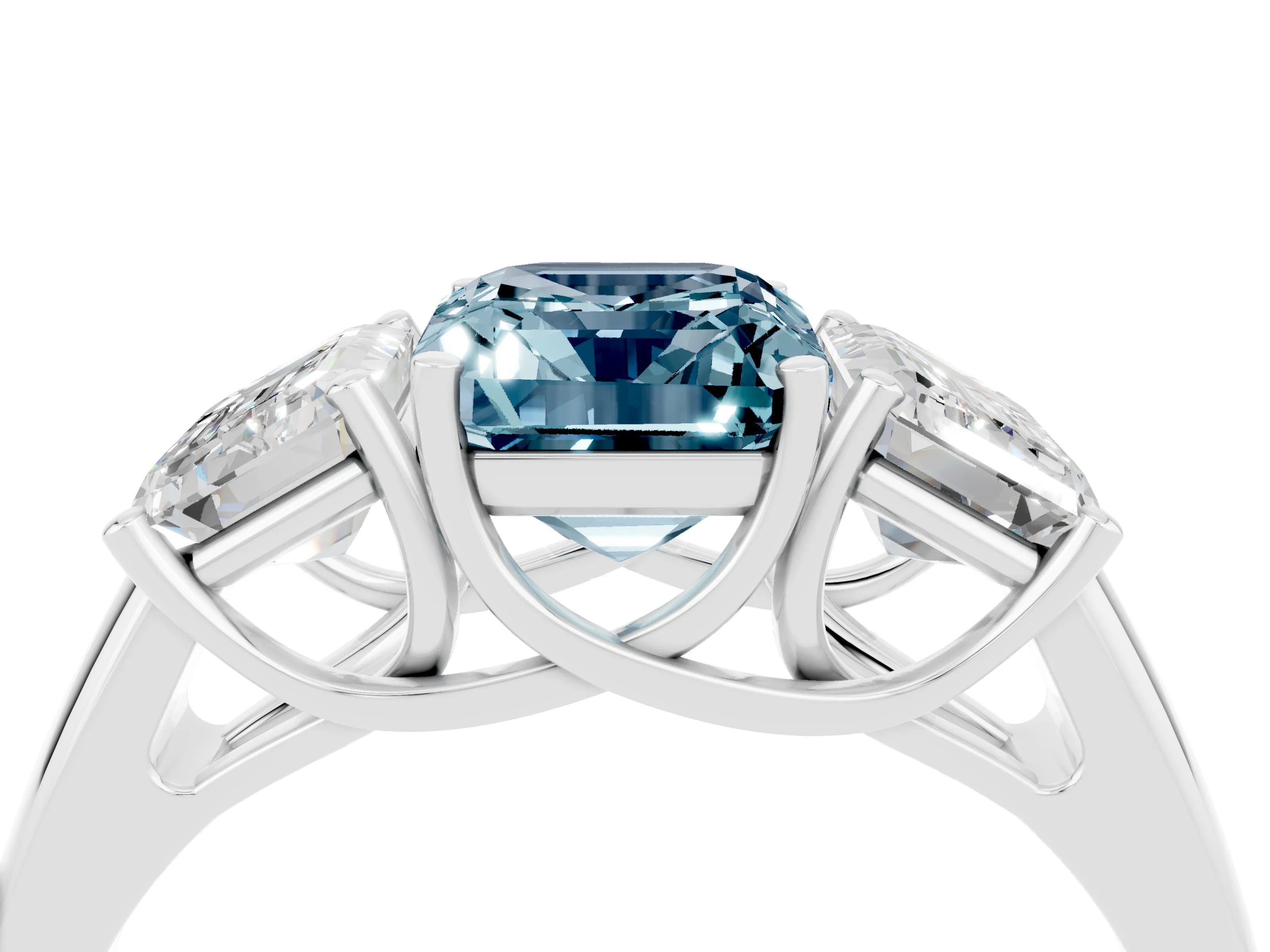 White gold Three-Stone Emerald Cut Aquamarine Engagement Ring with Prong Setting_4