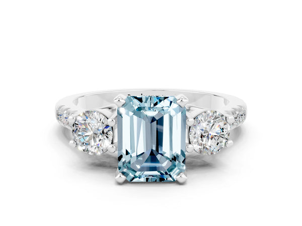 Platinum Three-Stone Emerald Cut Aquamarine Pavé Band with Four-Prong Setting