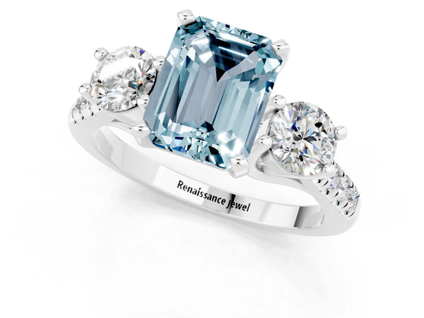White gold Three-Stone Emerald Cut Aquamarine Pavé Band with Four-Prong Setting