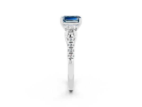 Platinum Three-Stone Emerald Cut Aquamarine Pavé Band with Four-Prong Setting