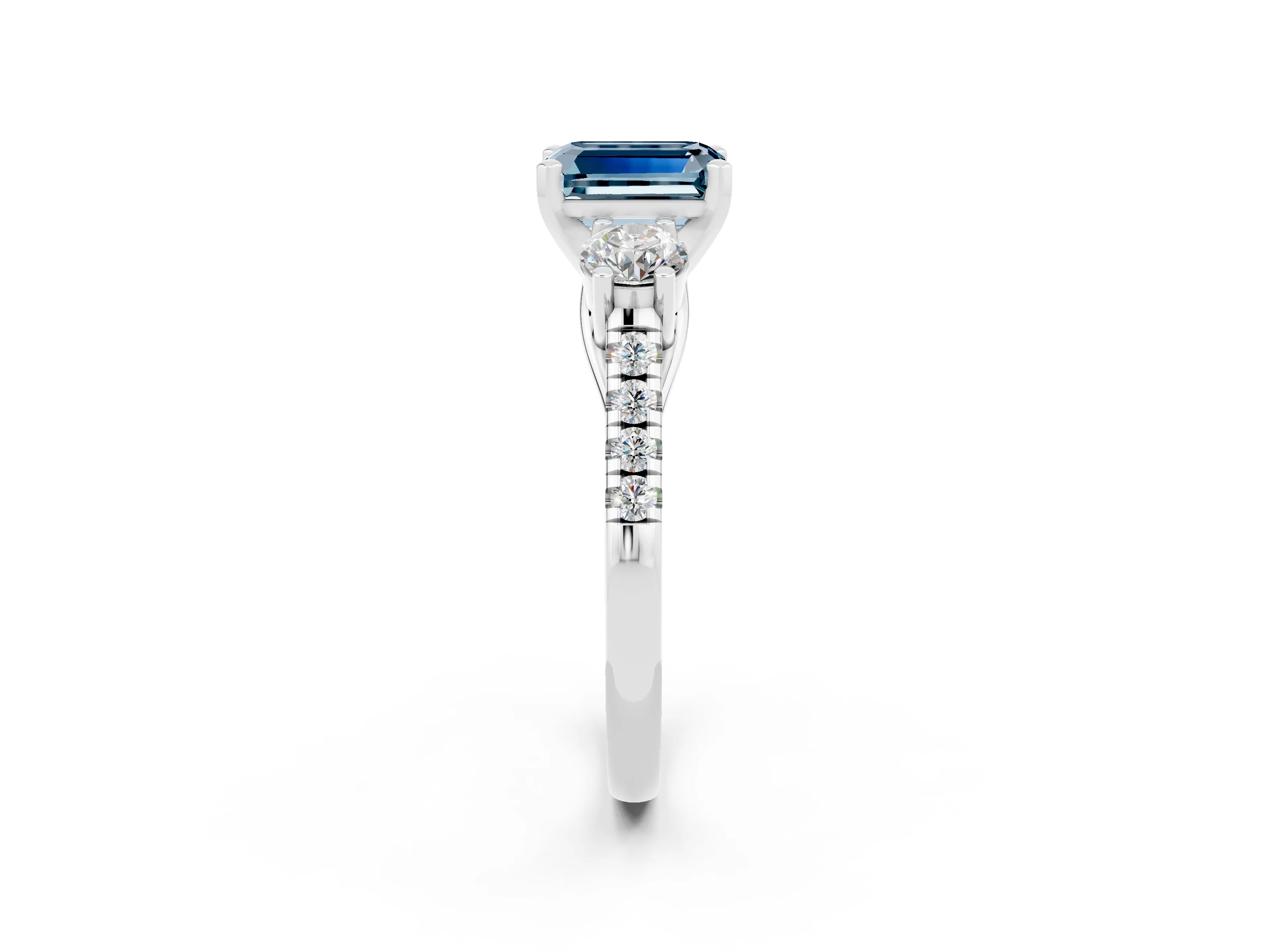 White gold Three-Stone Emerald Cut Aquamarine Pavé Band with Four-Prong Setting_2