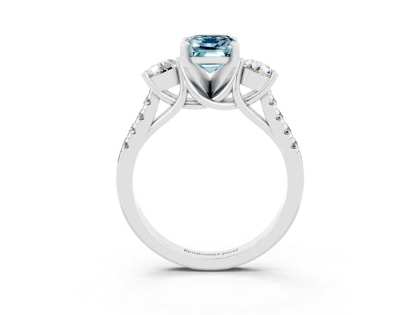 Silver Three-Stone Emerald Cut Aquamarine Pavé Band with Four-Prong Setting