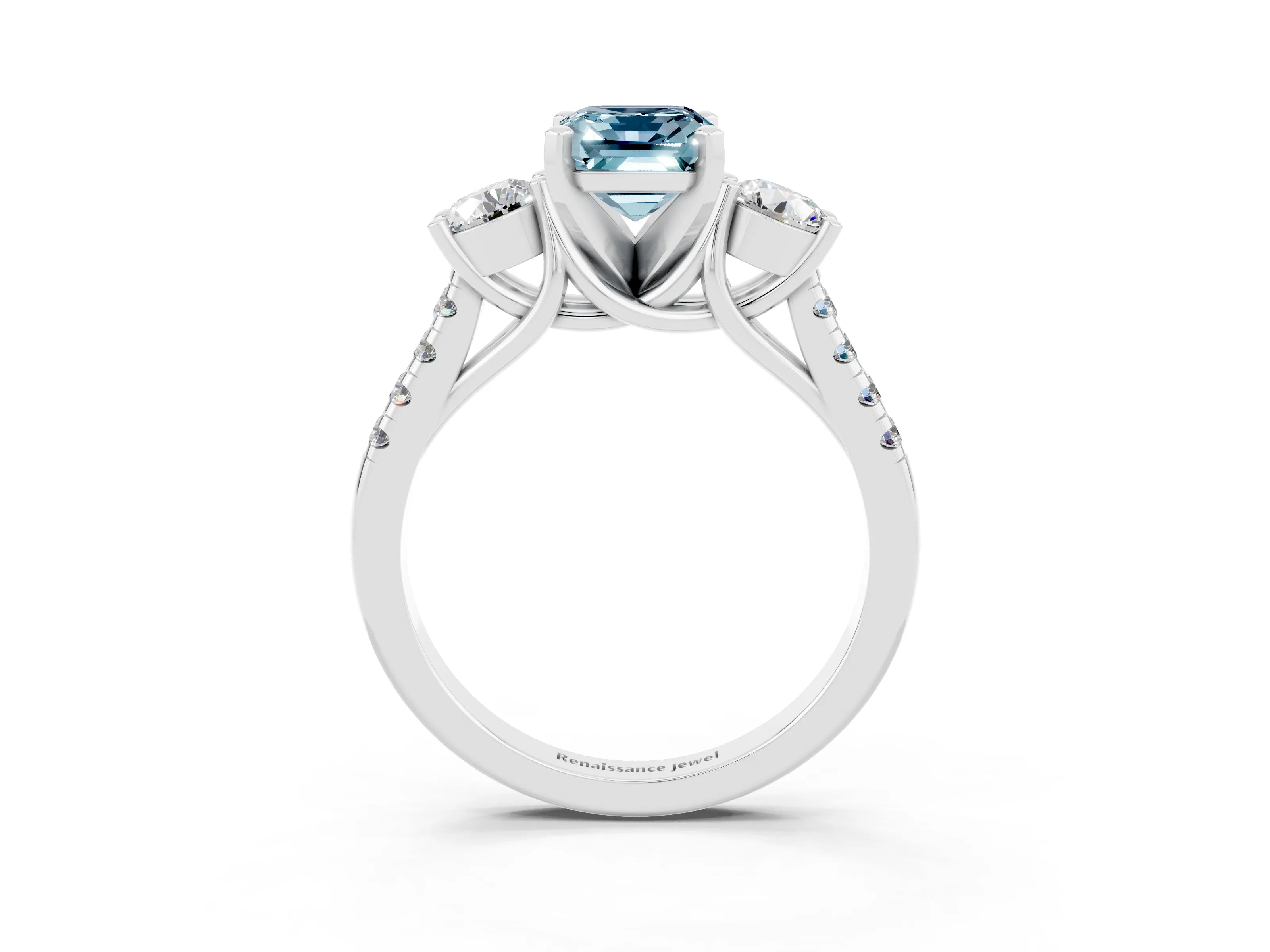 White gold Three-Stone Emerald Cut Aquamarine Pavé Band with Four-Prong Setting_3