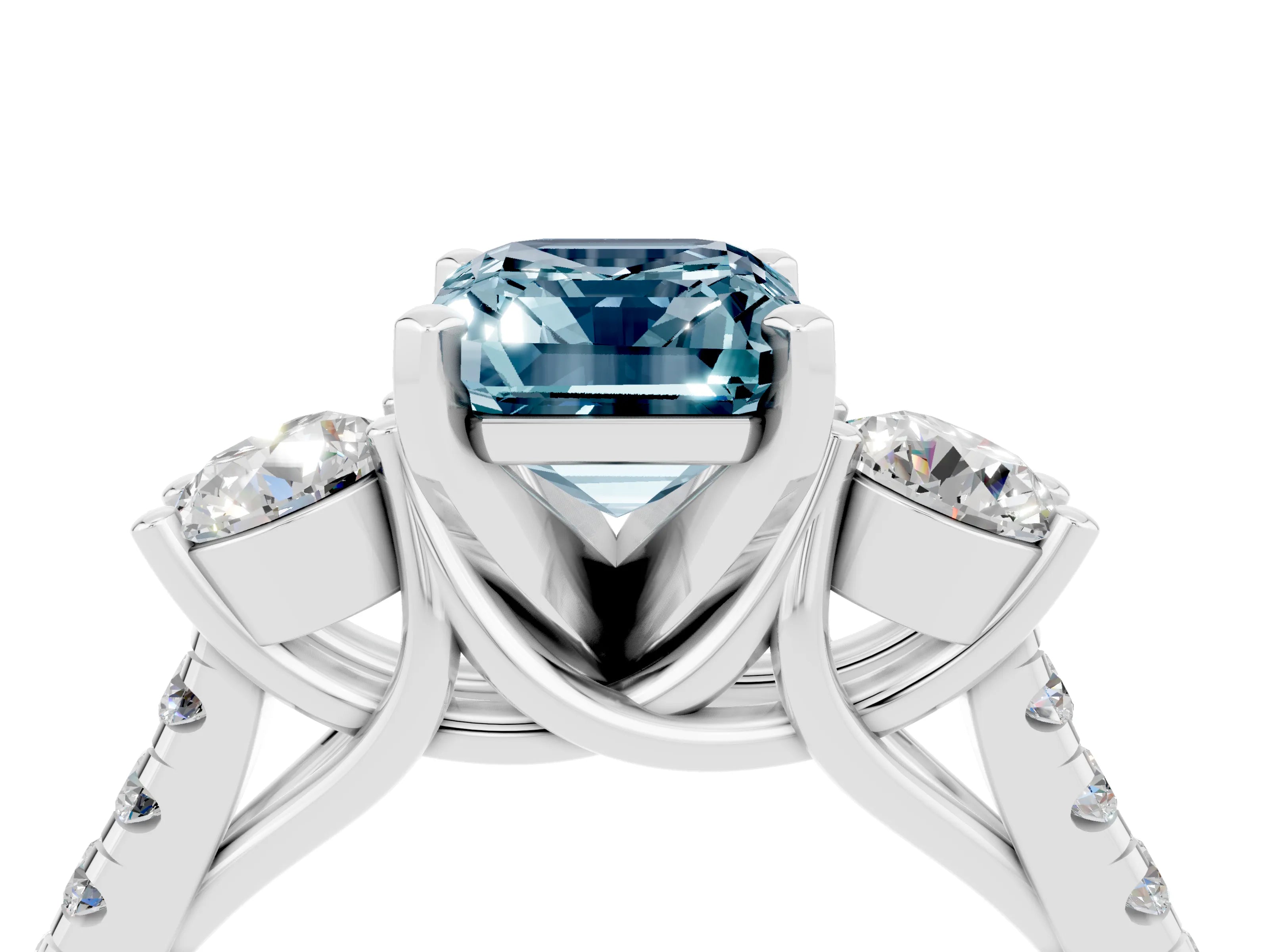 White gold Three-Stone Emerald Cut Aquamarine Pavé Band with Four-Prong Setting_4