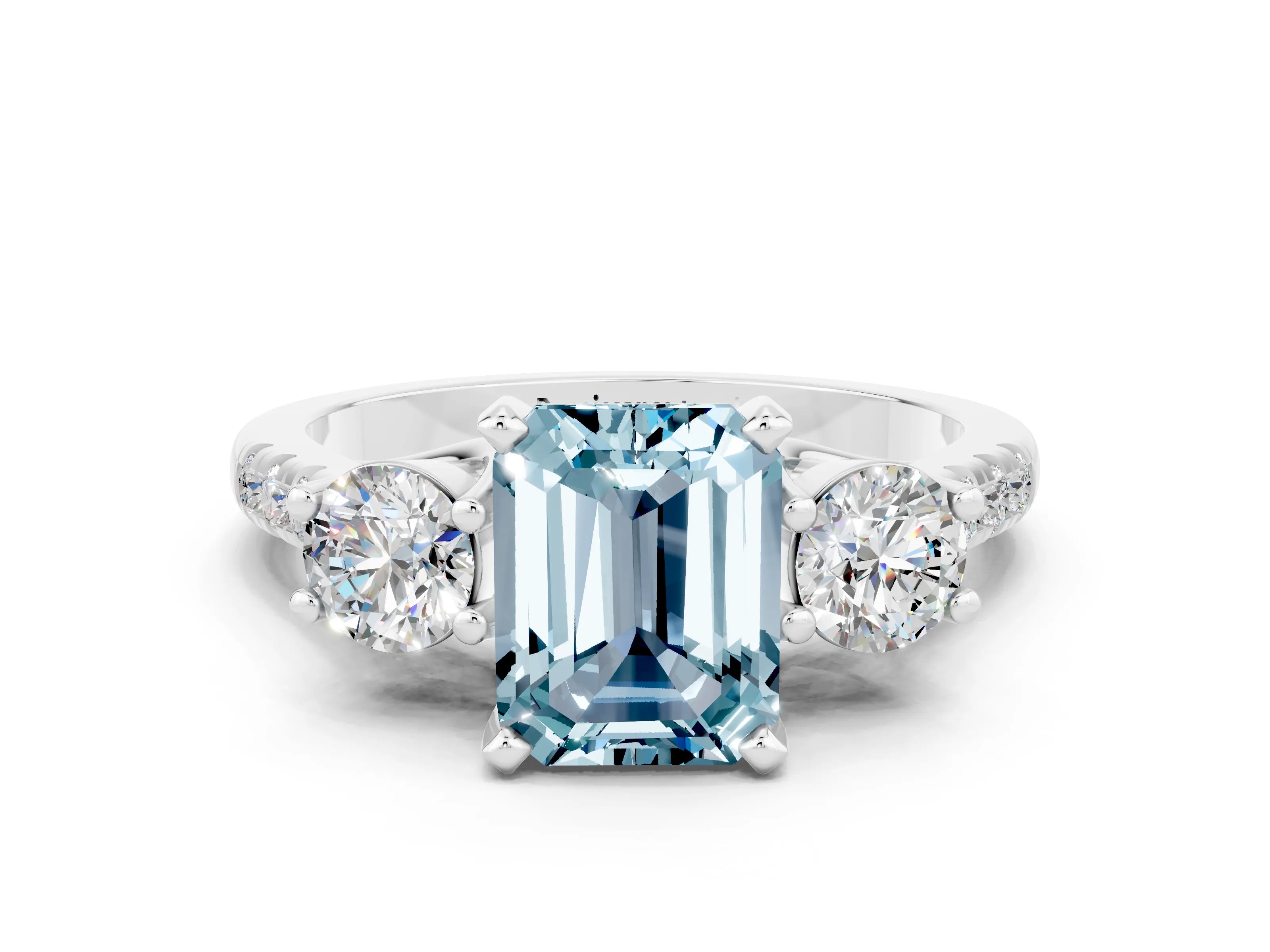 White gold Three-Stone Emerald Cut Aquamarine Pavé Band with Four-Prong Setting