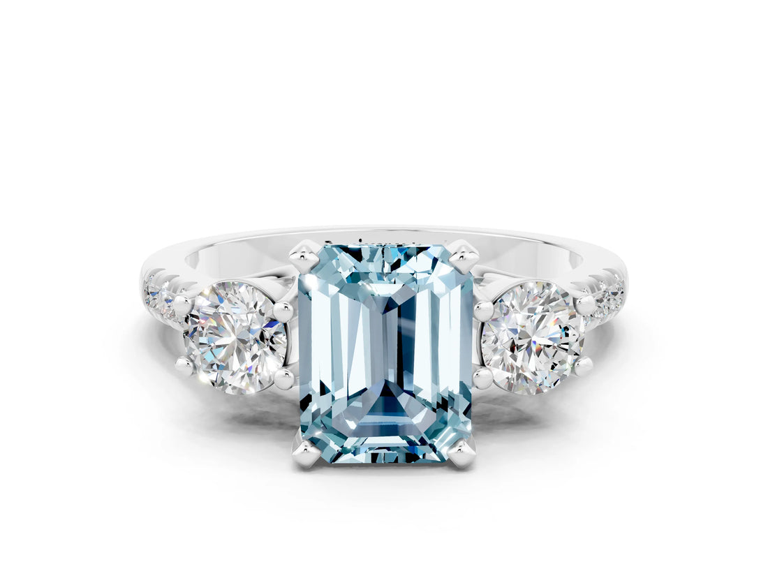 White gold Three-Stone Emerald Cut Aquamarine Pavé Band with Four-Prong Setting