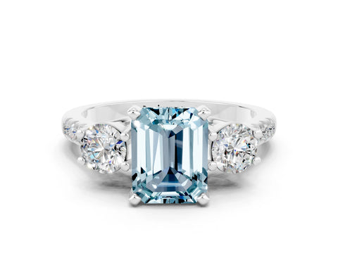 White gold Three-Stone Emerald Cut Aquamarine Pavé Band with Four-Prong Setting