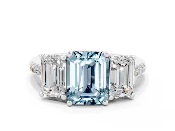 Platinum Three-Stone Emerald Cut Aquamarine Ring with Round  Pavé Band and Prong Setting