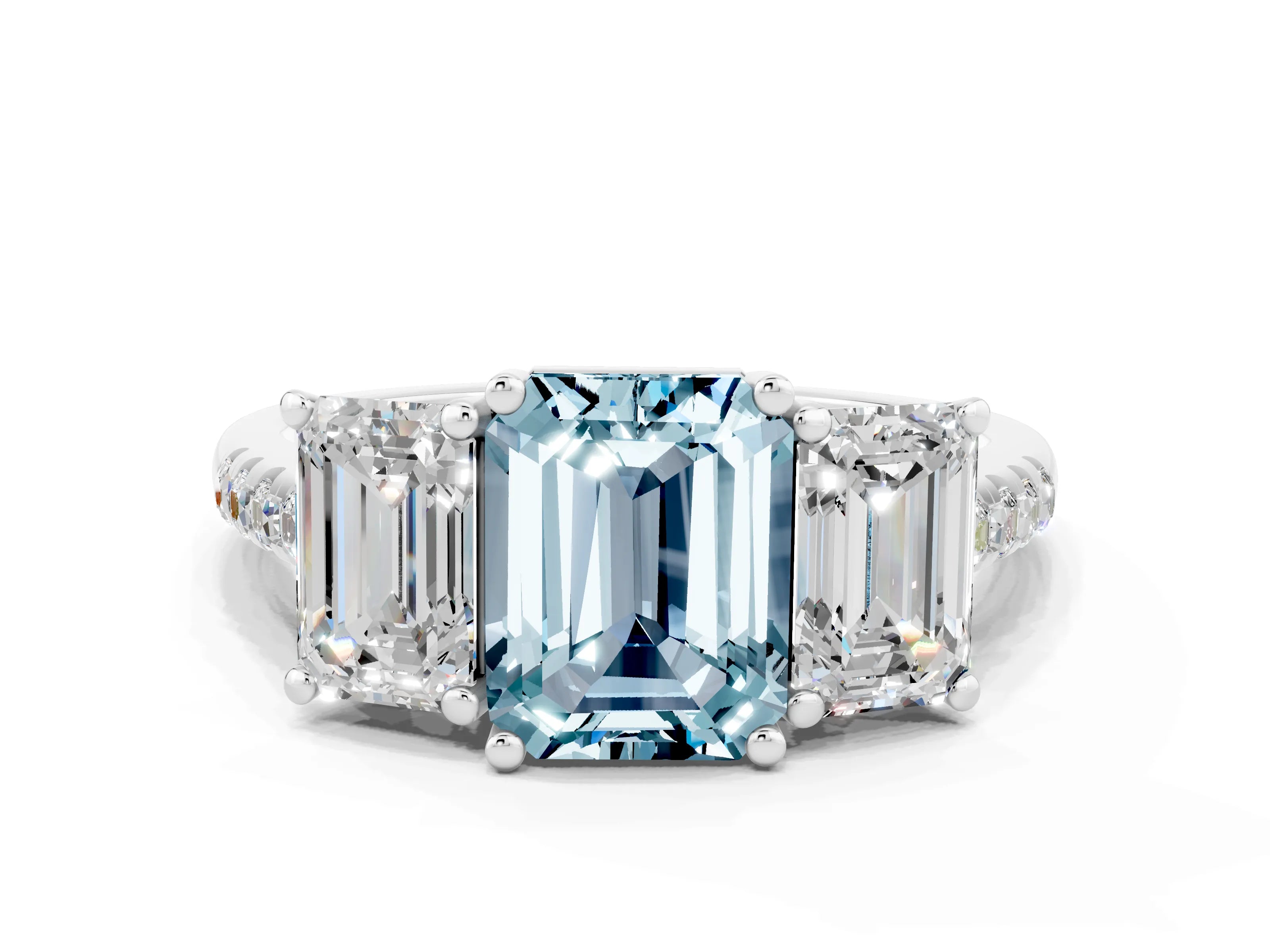 White gold Three-Stone Emerald Cut Aquamarine Ring with Pavé Band and Prong Setting_12