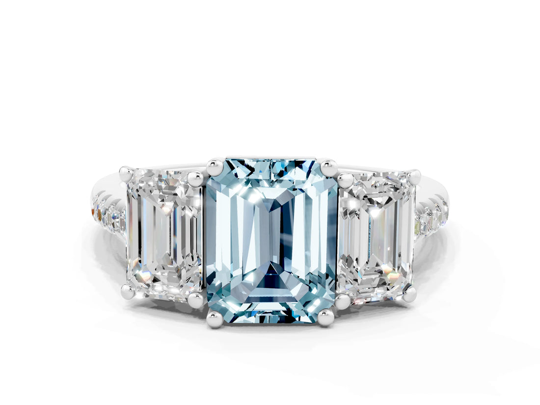 White gold Three-Stone Emerald Cut Aquamarine Ring with Pavé Band and Prong Setting_12