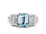 White gold Three-Stone Emerald Cut Aquamarine Ring with Pavé Band and Prong Setting_12