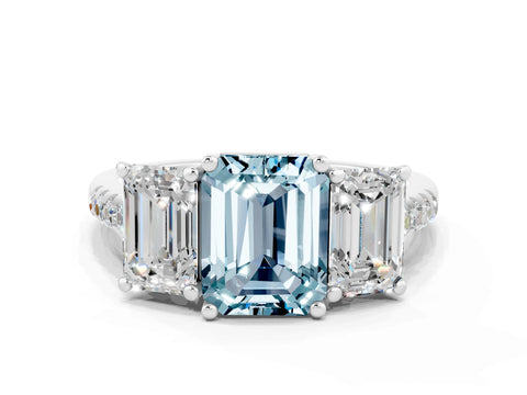 White gold Three-Stone Emerald Cut Aquamarine Ring with Pavé Band and Prong Setting_12