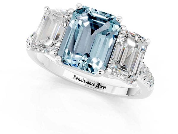 White gold Three-Stone Emerald Cut Aquamarine Ring with Round  Pavé Band and Prong Setting