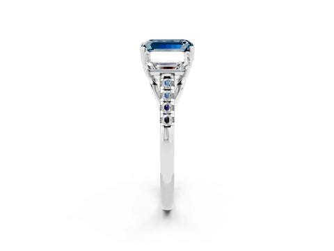 White gold Three-Stone Emerald Cut Aquamarine Ring with Pavé Band and Prong Setting_14