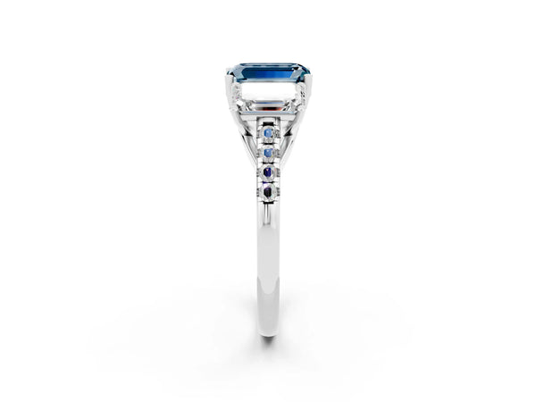 White gold Three-Stone Emerald Cut Aquamarine Ring with Round  Pavé Band and Prong Setting
