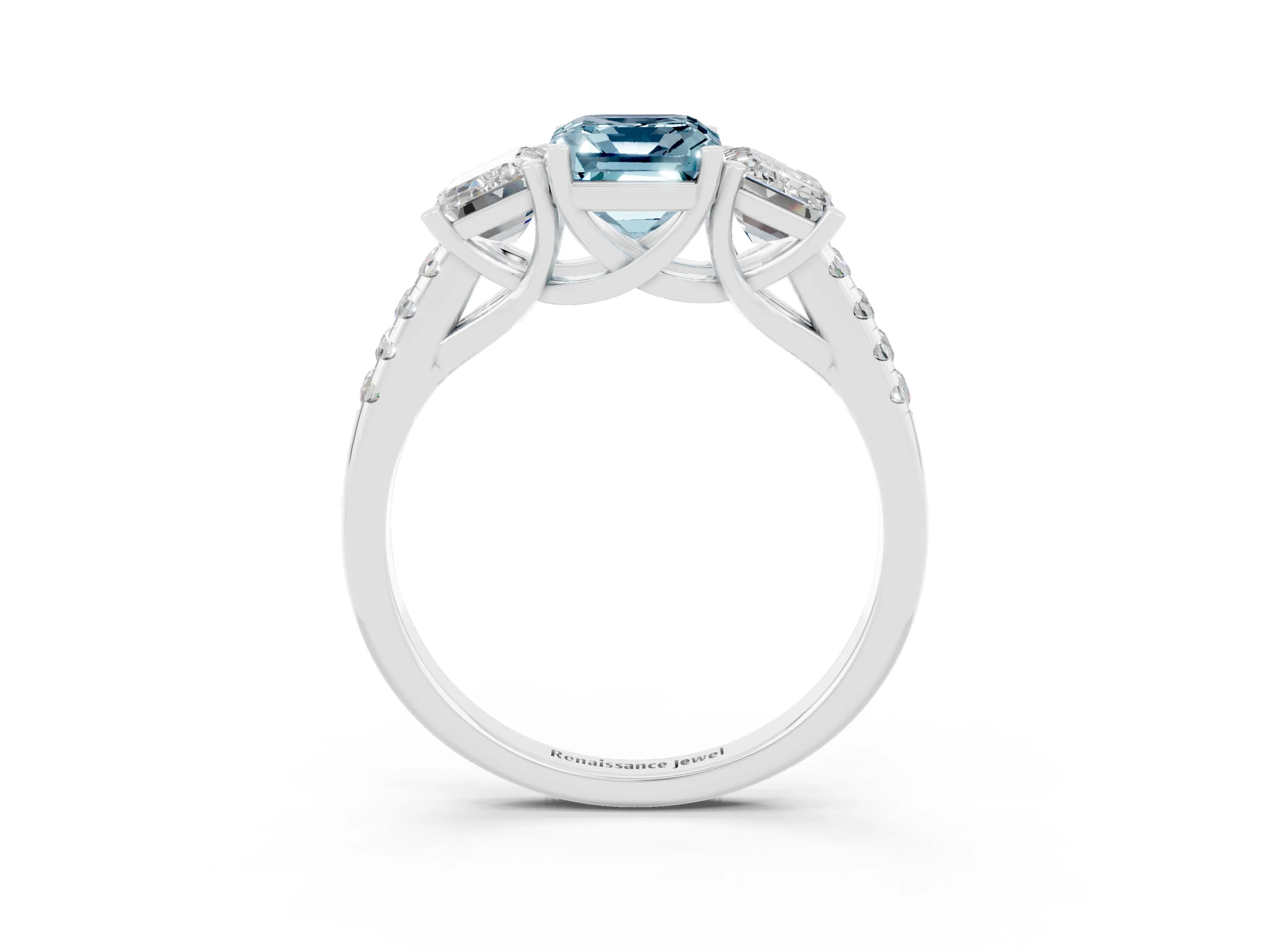 White gold Three-Stone Emerald Cut Aquamarine Ring with Pavé Band and Prong Setting_15