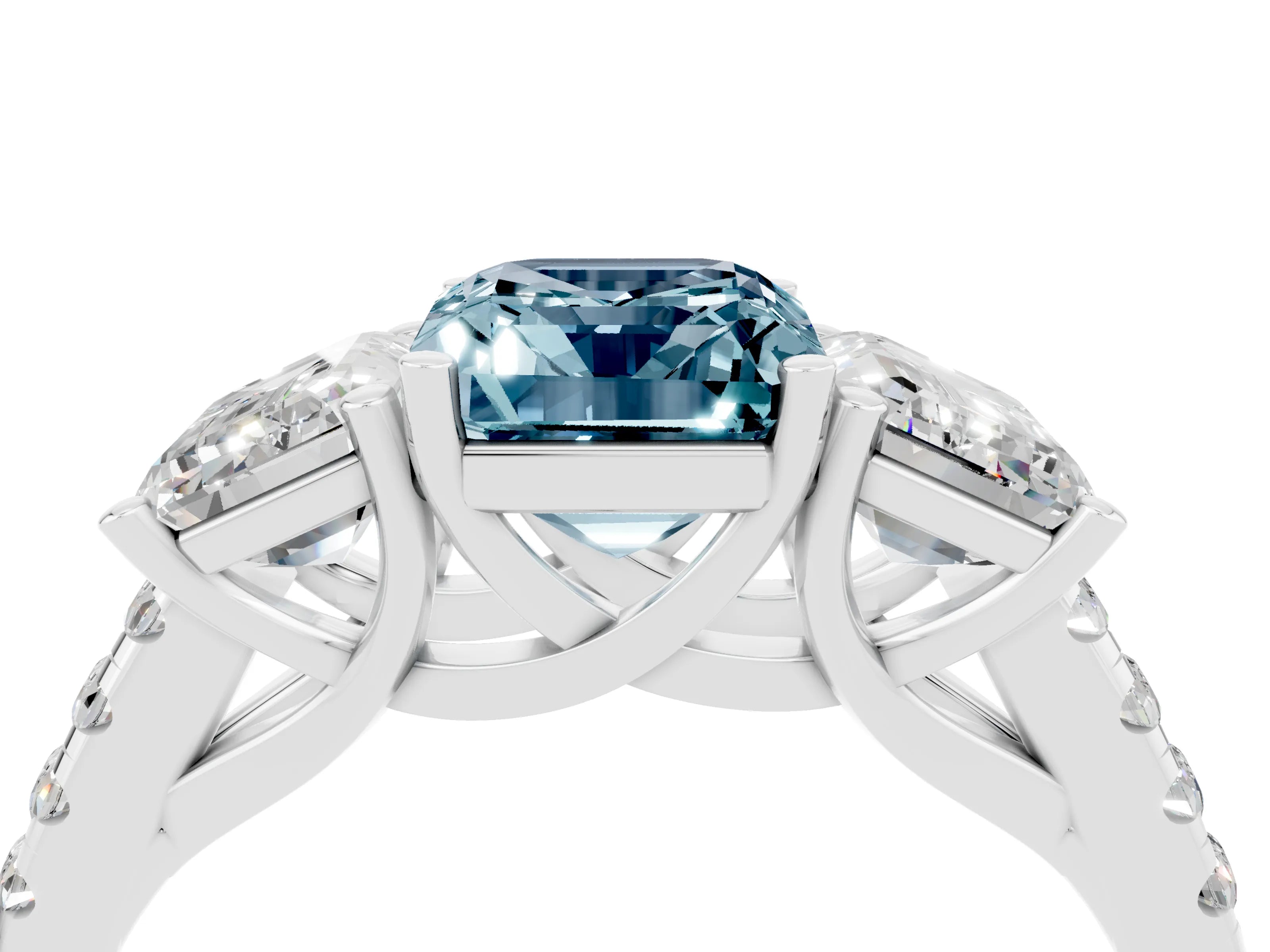 White gold Three-Stone Emerald Cut Aquamarine Ring with Pavé Band and Prong Setting_16