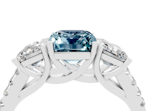 White gold Three-Stone Emerald Cut Aquamarine Ring with Pavé Band and Prong Setting_16