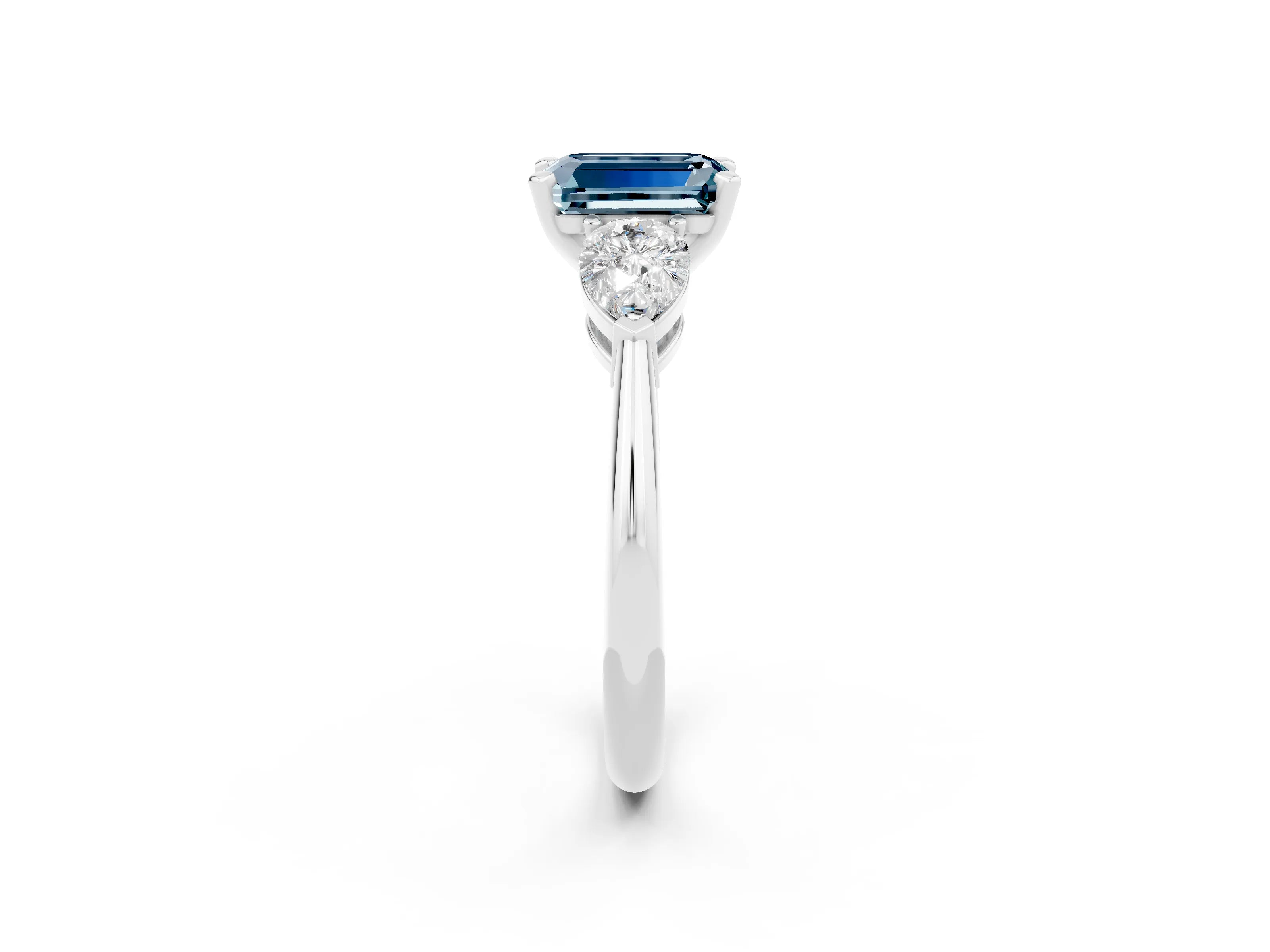 White gold Three-Stone Emerald Cut Aquamarine Ring with Pear Side Stones and Four-Prong Setting_2