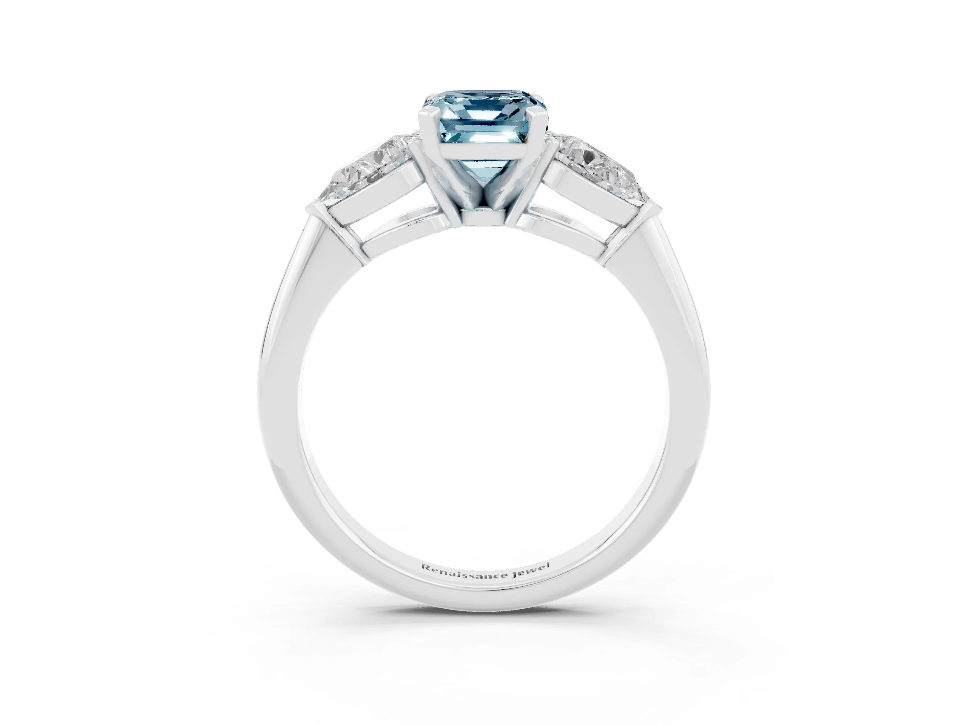 White gold Three-Stone Emerald Cut Aquamarine Ring with Pear Side Stones and Four-Prong Setting_3