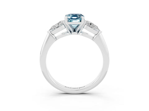 White gold Three-Stone Emerald Cut Aquamarine Ring with Pear Side Stones and Four-Prong Setting_3