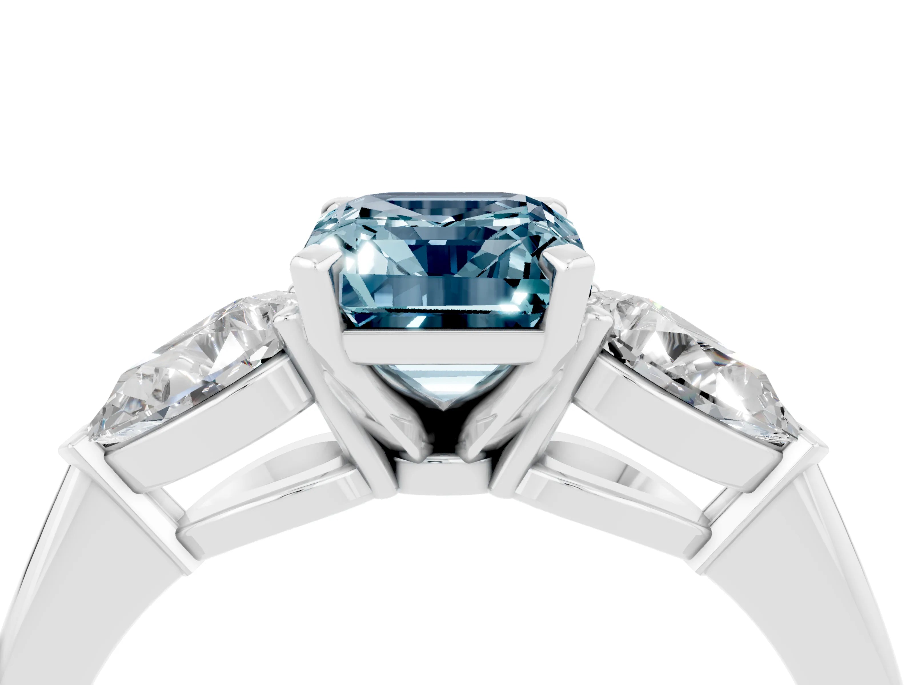 White gold Three-Stone Emerald Cut Aquamarine Ring with Pear Side Stones and Four-Prong Setting_4