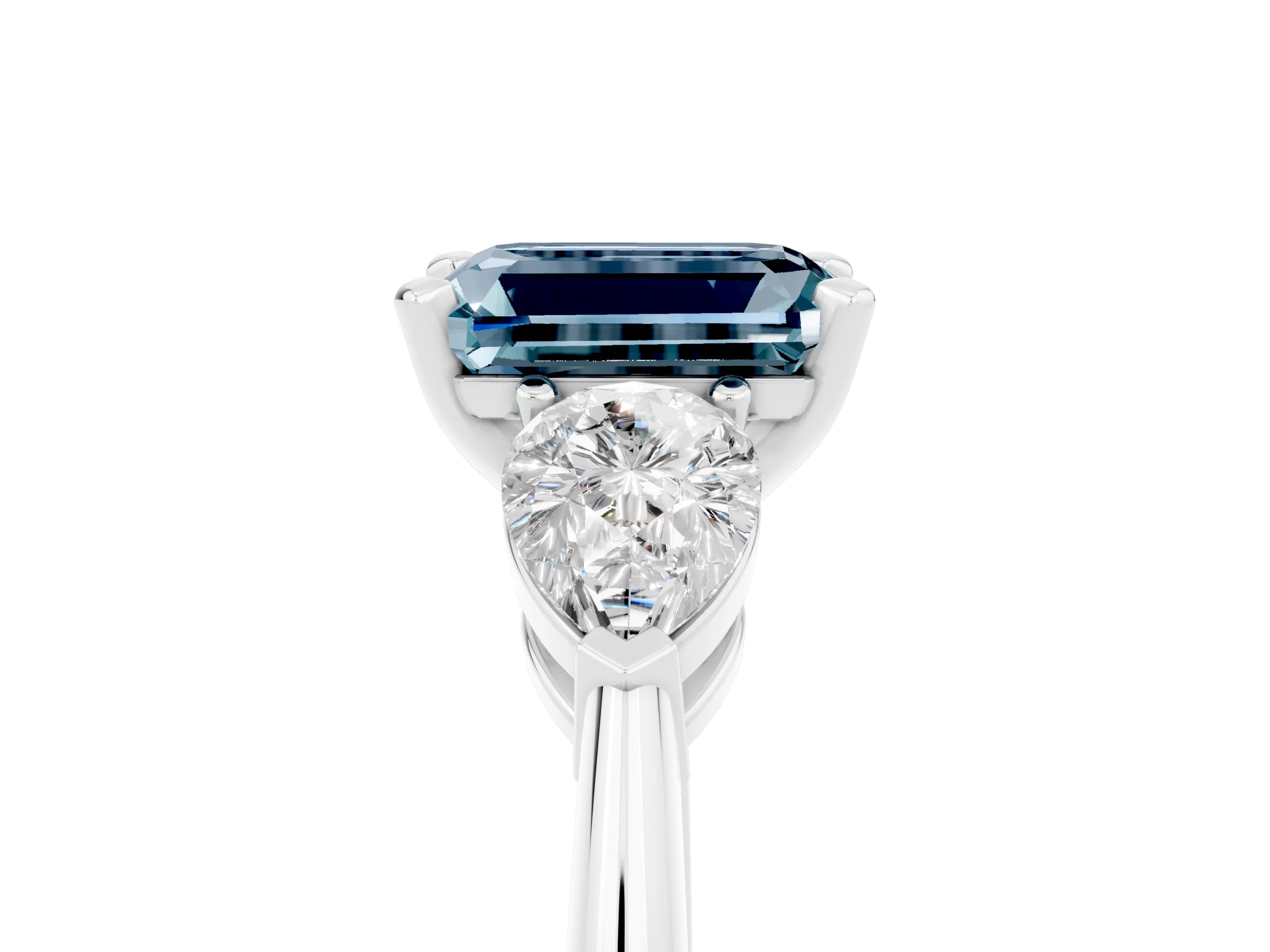 White gold Three-Stone Emerald Cut Aquamarine Ring with Pear Side Stones and Four-Prong Setting_5