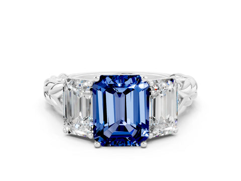 White gold Three-Stone Emerald Cut Blue Sapphire Braided Band Ring with Four-Prong Setting_36