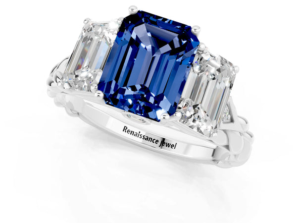 Platinum Three-Stone Emerald Cut Blue Sapphire Braided Band Ring with Four-Prong Setting