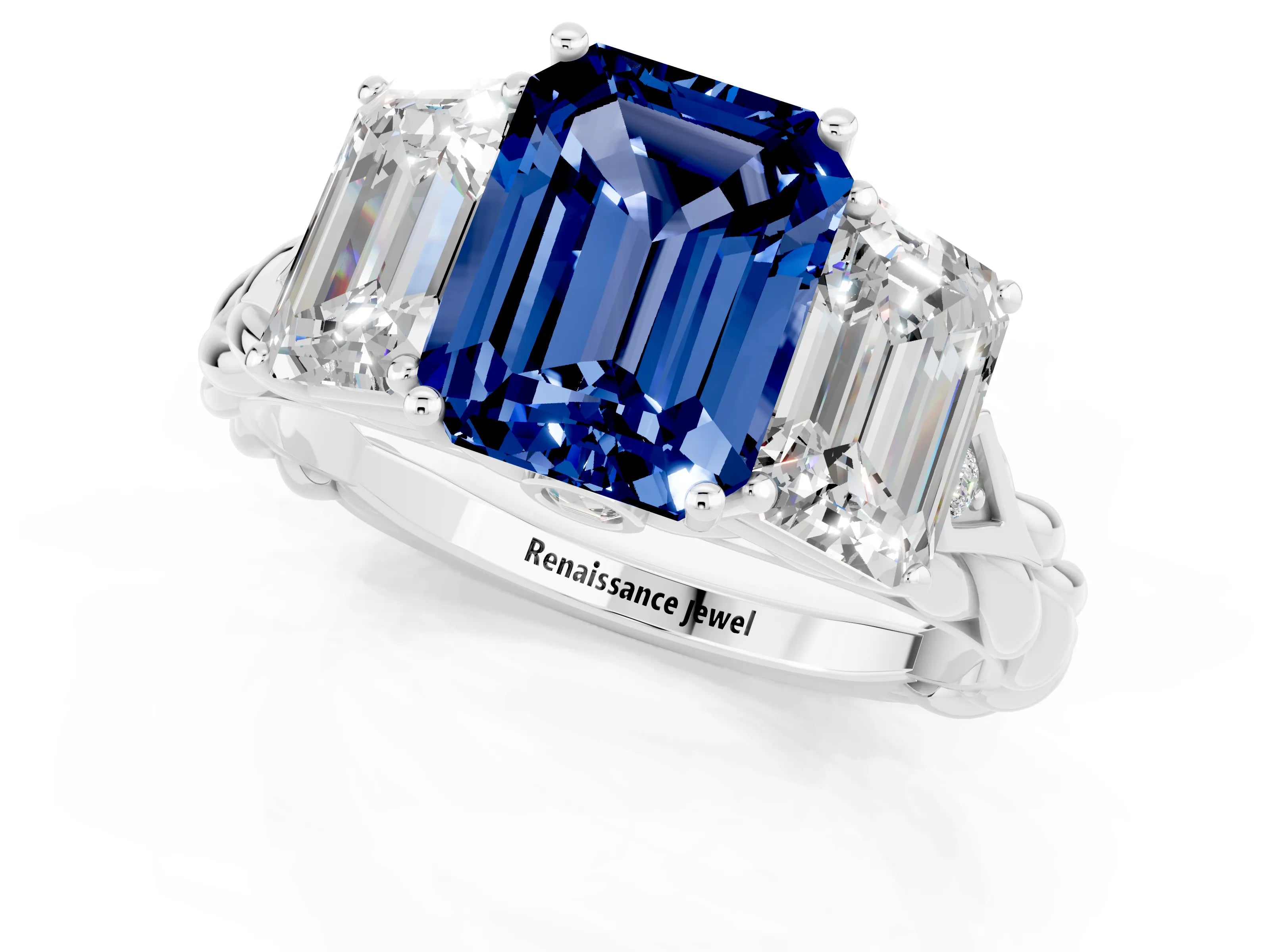 White gold Three-Stone Emerald Cut Blue Sapphire Braided Band Ring with Four-Prong Setting_37