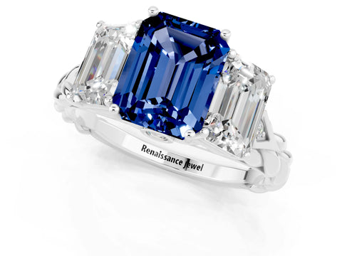 White gold Three-Stone Emerald Cut Blue Sapphire Braided Band Ring with Four-Prong Setting_37