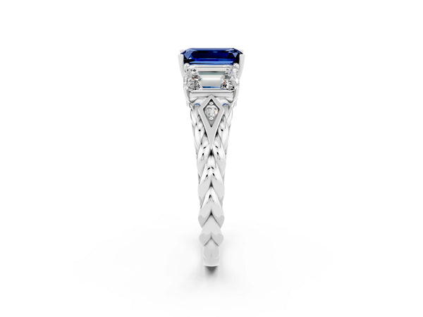 White gold Three-Stone Emerald Cut Blue Sapphire Braided Band Ring with Four-Prong Setting