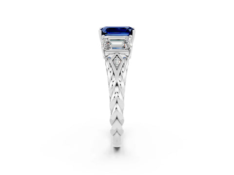White gold Three-Stone Emerald Cut Blue Sapphire Braided Band Ring with Four-Prong Setting_38