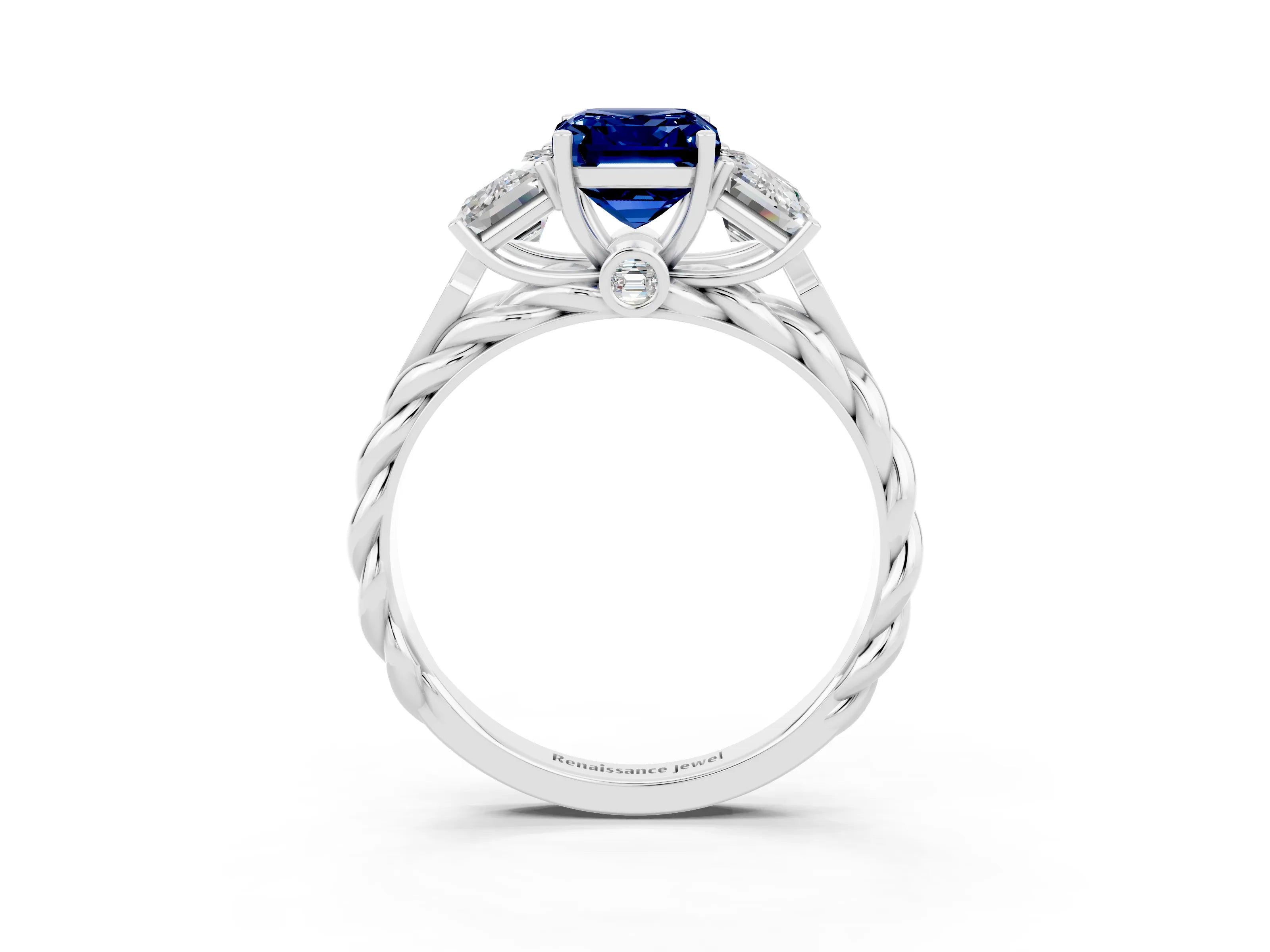 White gold Three-Stone Emerald Cut Blue Sapphire Braided Band Ring with Four-Prong Setting_39