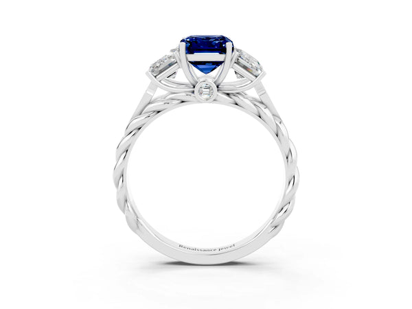 Platinum Three-Stone Emerald Cut Blue Sapphire Braided Band Ring with Four-Prong Setting